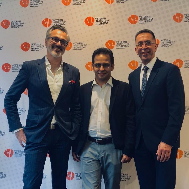 Professor Amandeep Sidhu with Robert Barać and Associate Professor Albert P. Haddad at the Victorian Institute of Technology