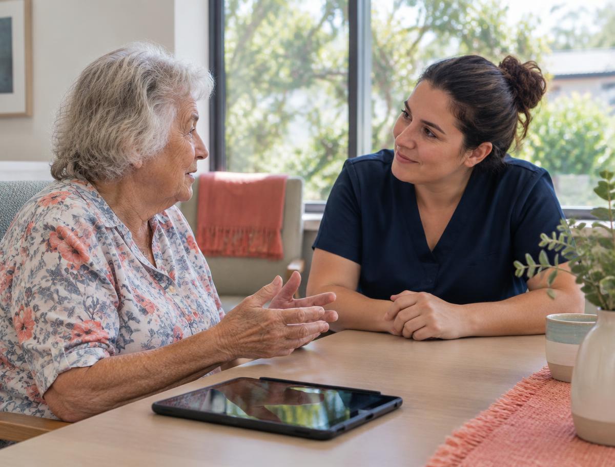 Care worker listening to an older person at a table