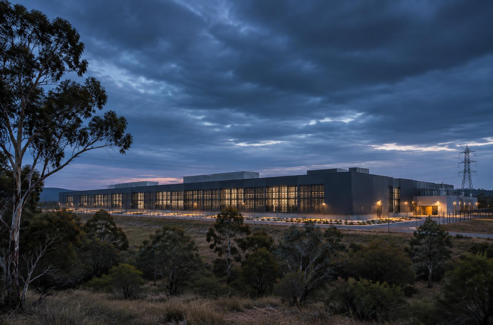 Data centre in an Australian landscape at dusk