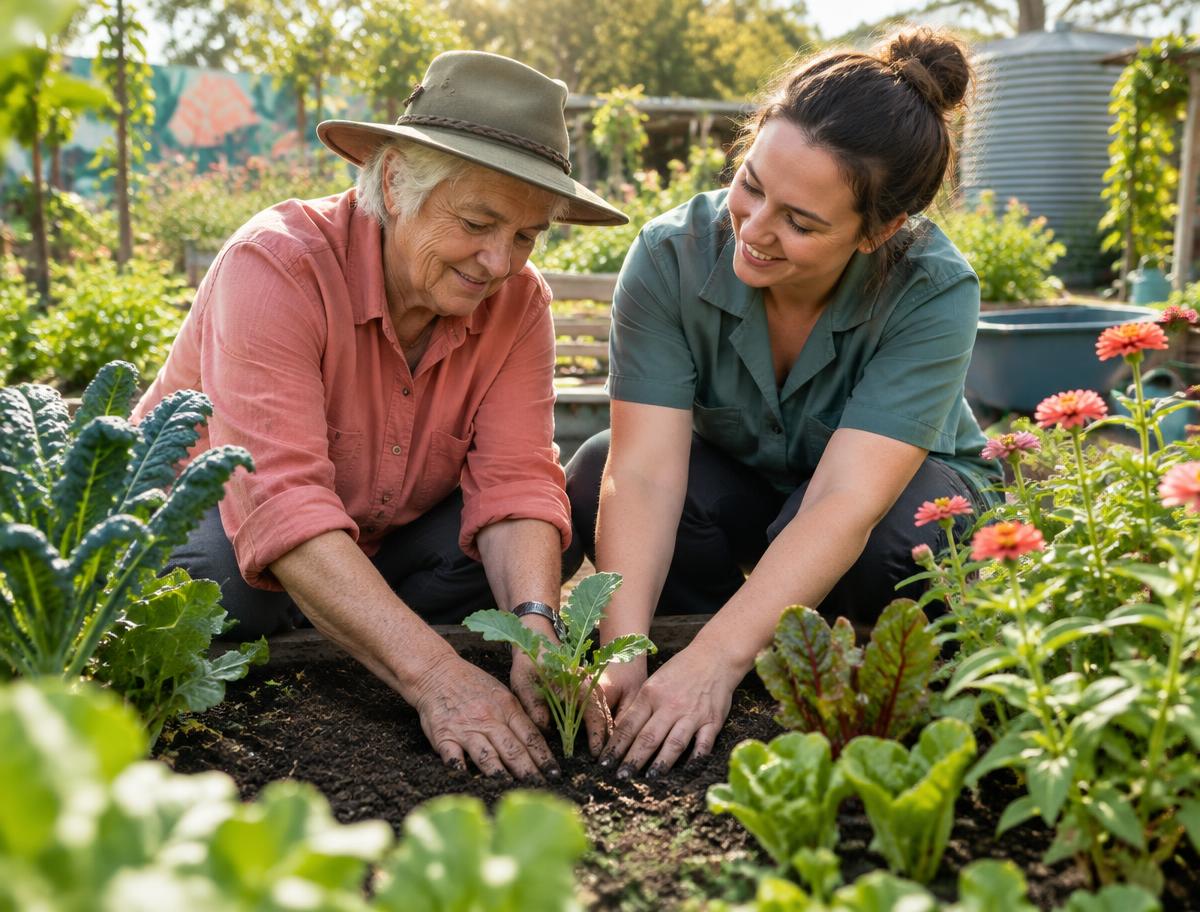 Older person and care worker planting together in a garden