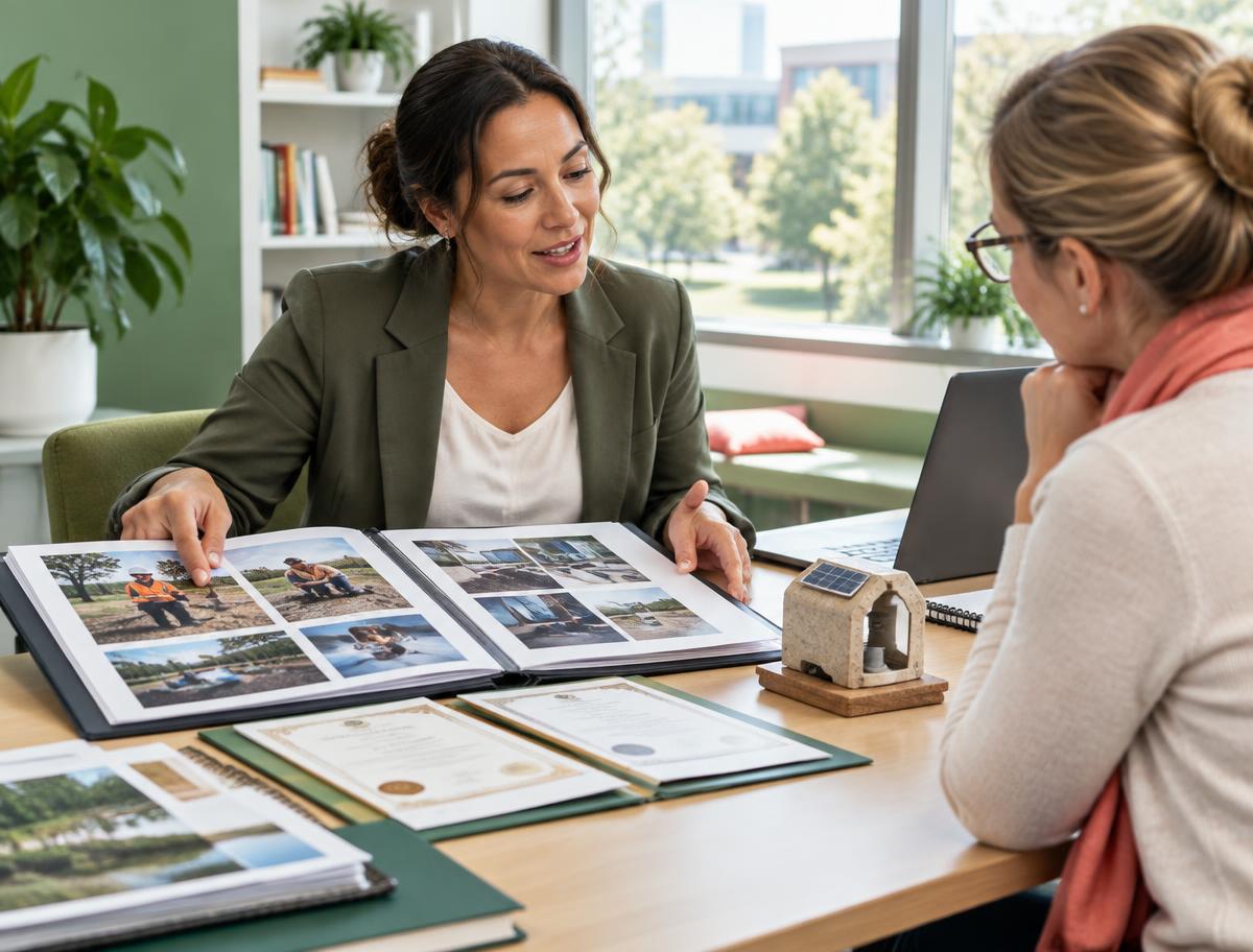 Professional showing a portfolio of work to a university adviser