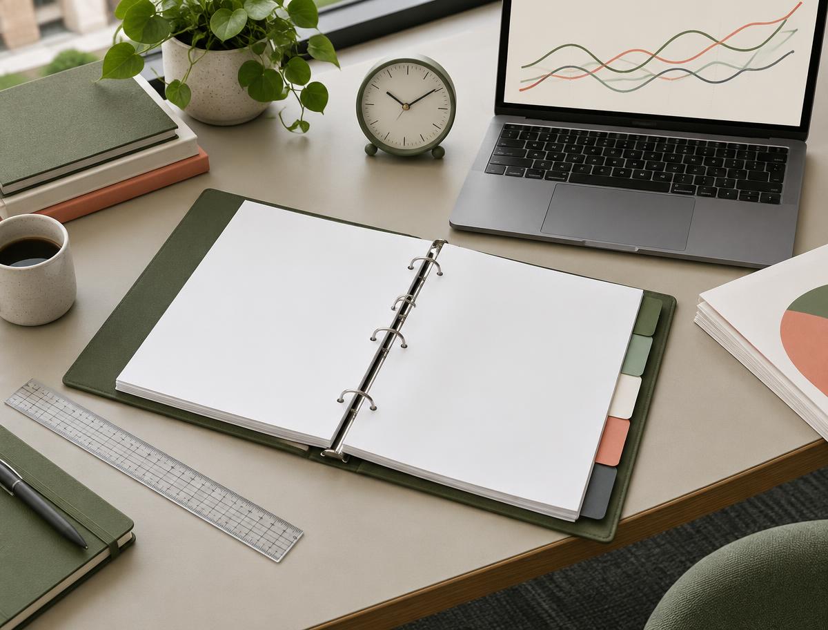 Open review binder and trend lines on a university desk