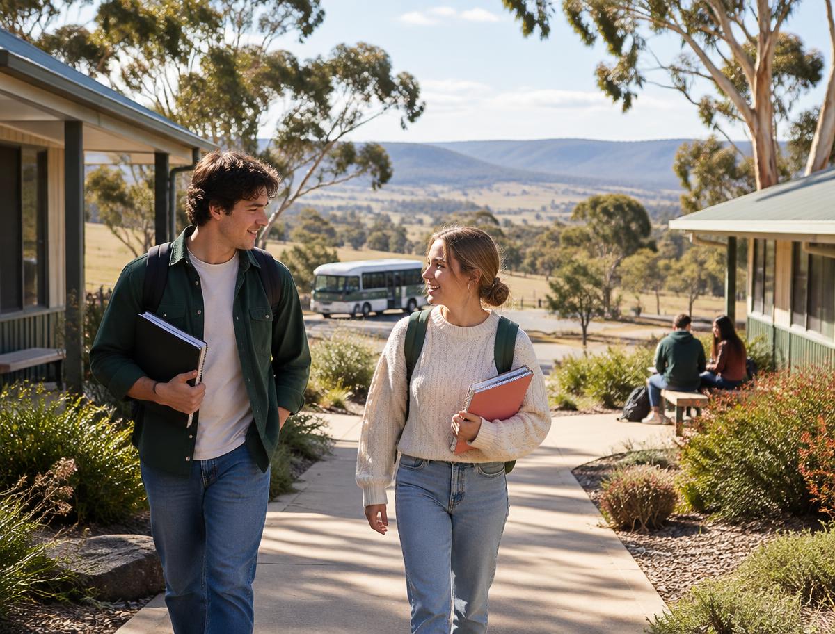 Students walking through a rural university campus